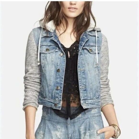 Free People Denim and Knit Hoodie Jacket Size Small - Picture 2 of 9